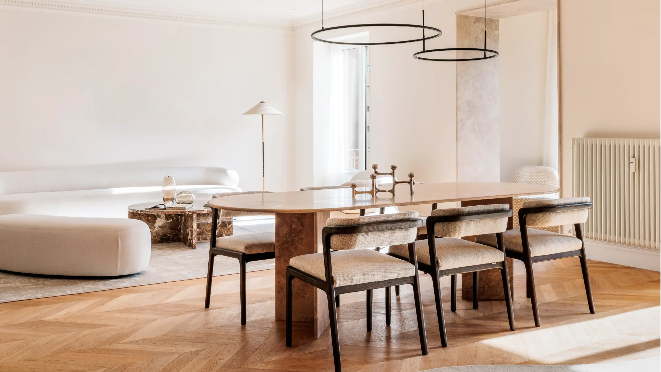 Modern dining area in open plan apartment